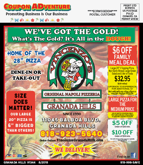 Vincenzos Original Napoli Pizzeria, Granada Hills, coupons, direct mail, discounts, marketing, Southern California