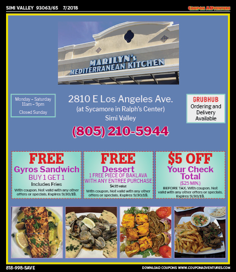 Marilyn's Mediterranean Kitchen, Simi Valley, coupons, direct mail, discounts, marketing, Southern California