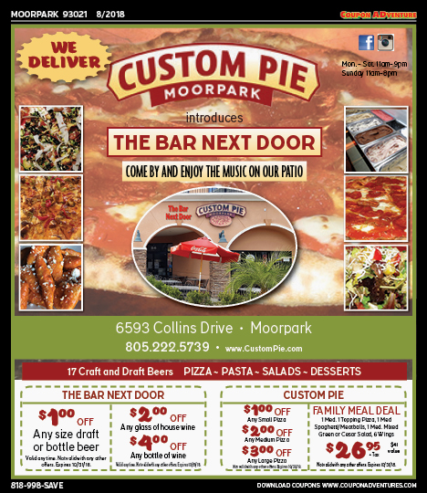 Custom Pie Moorpark, The Bar Next Door, Moorpark, coupons, direct mail, discounts, marketing, Southern California