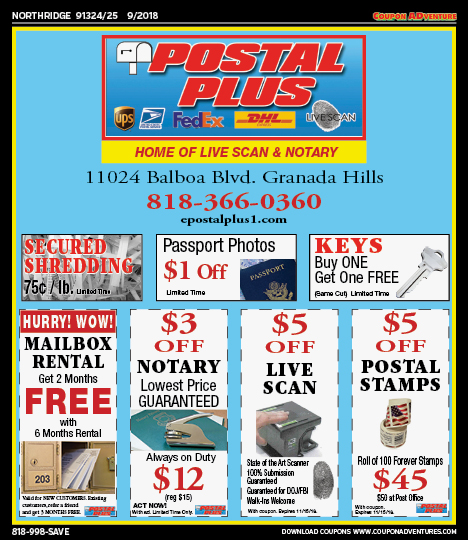 Postal Plus, Northridge, coupons, direct mail, discounts, marketing, Southern California