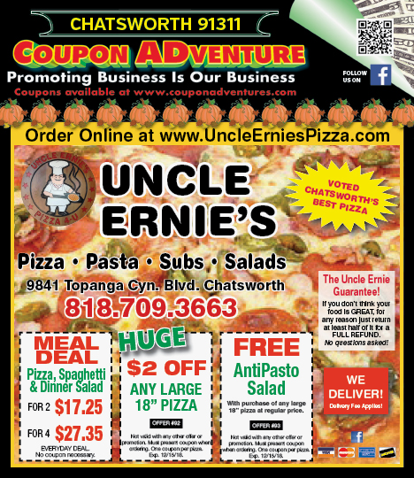 Uncle Ernie's Pizza, Chatsworth, coupons, direct mail, discounts, marketing, Southern California