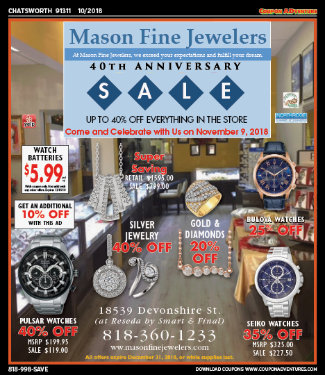 Mason Fine Jewelers, Chatsworth, coupons, direct mail, discounts, marketing, Southern California