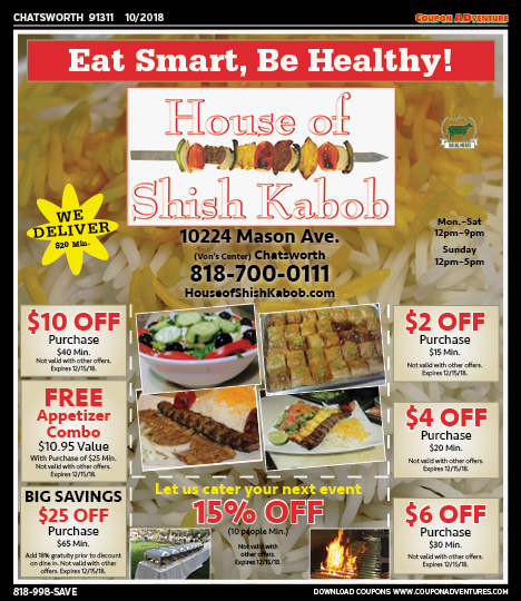 House of Shish Kabob, Chatsworth, coupons, direct mail, discounts, marketing, Southern California