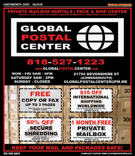 Global Postal Center, Chatsworth, coupons, direct mail, discounts, marketing, Southern California