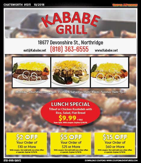 Kababe Grill, Chatsworth, coupons, direct mail, discounts, marketing, Southern California