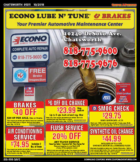 Econo Lube n' Tune & Brake, Chatsworth, coupons, direct mail, discounts, marketing, Southern California