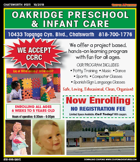 Oakridge Preschool & Infant Care, Chatsworth, coupons, direct mail, discounts, marketing, Southern California