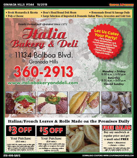 Italia Bakery & Deli, Granada Hills, coupons, direct mail, discounts, marketing, Southern California