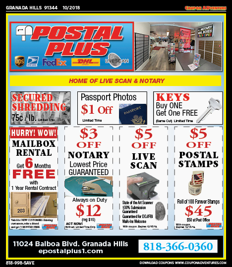 Postal Plus, Granada Hills, coupons, direct mail, discounts, marketing, Southern California