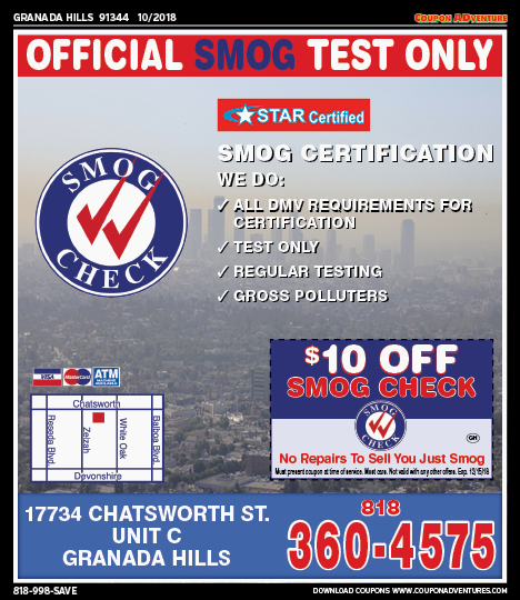 Official Smog Test Only, Granada Hills, coupons, direct mail, discounts, marketing, Southern California