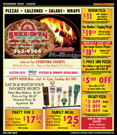 Brick Oven Pizza, Moorpark, coupons, direct mail, discounts, marketing, Southern California