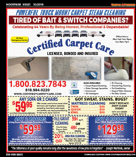 Certified Carpet Care, Moorpark, coupons, direct mail, discounts, marketing, Southern California