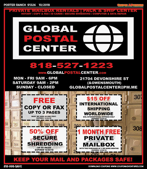 Global Postal Center, Porter Ranch, coupons, direct mail, discounts, marketing, Southern California