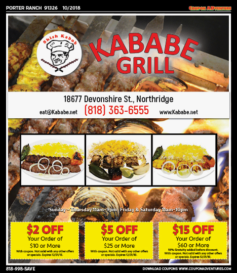 kababe Grill, Porter Ranch, coupons, direct mail, discounts, marketing, Southern California