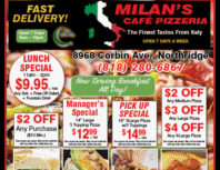 Milan's Cafe Pizzeria, Porter Ranch, coupons, direct mail, discounts, marketing, Southern California