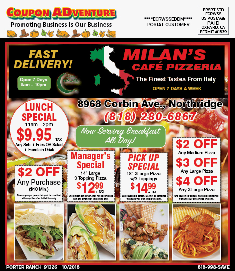 Milan's Cafe Pizzeria, Porter Ranch, coupons, direct mail, discounts, marketing, Southern California