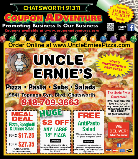 Uncle Ernie's Pizza, Chatsworth, coupons, direct mail, discounts, marketing, Southern California