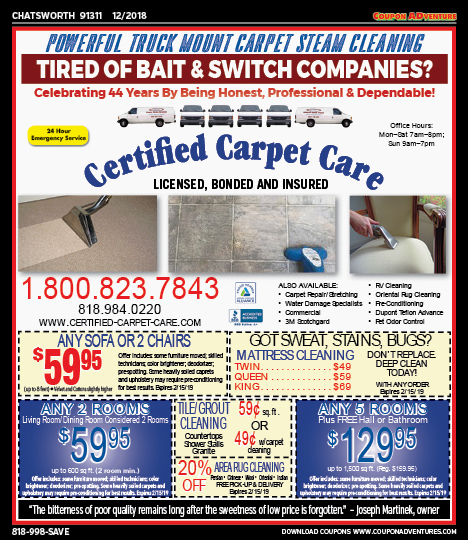 Certified Carpet Care, Chatsworth, coupons, direct mail, discounts, marketing, Southern California