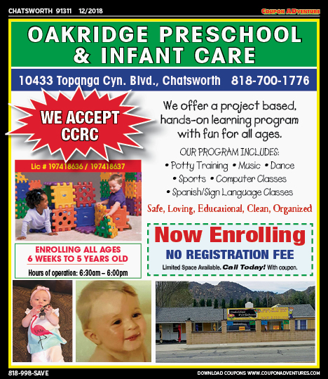 Oakridge Preschool & Infant Care, Chatsworth, coupons, direct mail, discounts, marketing, Southern California