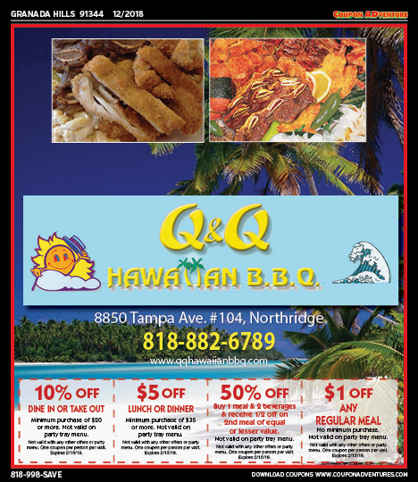 Q&Q Hawaiian BBQ, Chatsworth, coupons, direct mail, discounts, marketing, Southern California