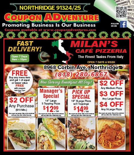 Milan's Cafe Pizzeria, Northridge, coupons, direct mail, discounts, marketing, Southern California