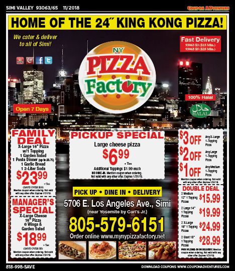NY PIzza Factory, Simi Valley, coupons, direct mail, discounts, marketing, Southern California