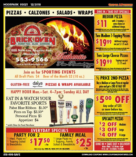 Brick Oven Pizza, Moorpark, coupons, direct mail, discounts, marketing, Southern California