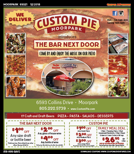 Custom Pie, The Bar Next Door, Moorpark, coupons, direct mail, discounts, marketing, Southern California