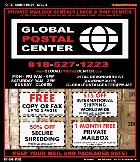 Global Postal Center, Porter Ranch, coupons, direct mail, discounts, marketing, Southern California