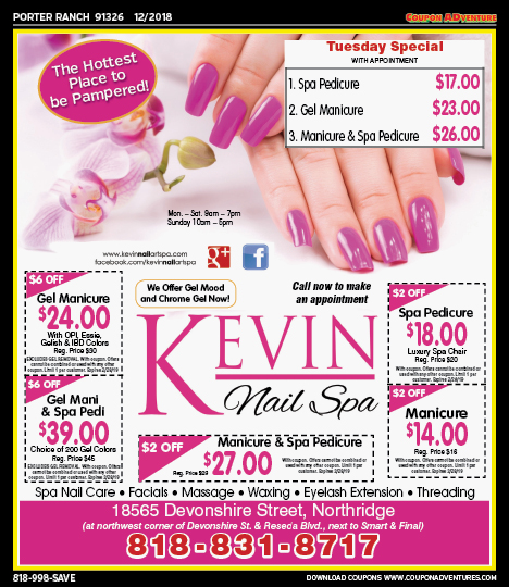 Kevin Nail Spa, Porter Ranch, coupons, direct mail, discounts, marketing, Southern California