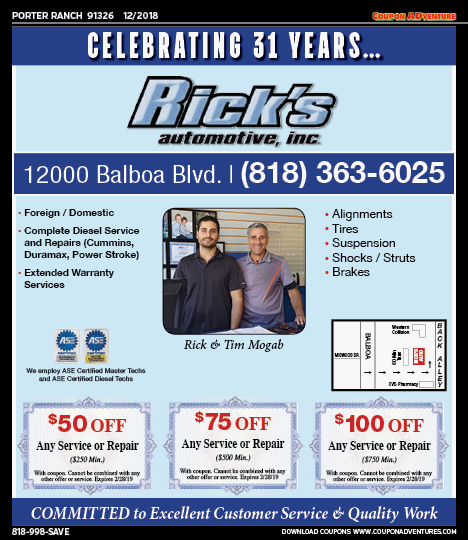 Rick's Automotive, Porter Ranch, coupons, direct mail, discounts, marketing, Southern California