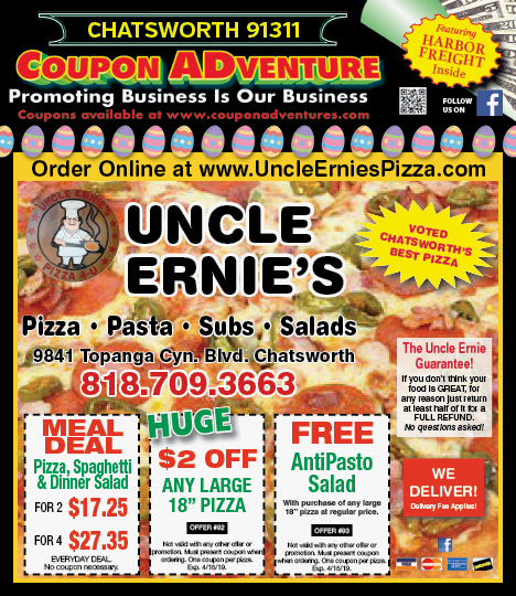 Uncle Ernie's Pizza, Chatsworth, coupons, direct mail, discounts, marketing, Southern California