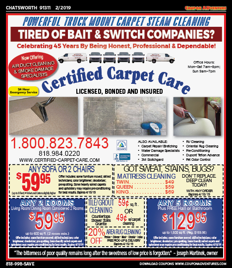 Certified Carpet Care, Chatsworth, coupons, direct mail, discounts, marketing, Southern California