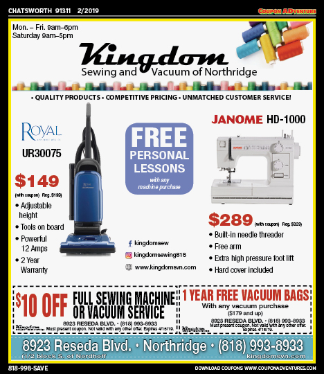 Kingdom Sewing and Vacuum of Northridge, Chatsworth, coupons, direct mail, discounts, marketing, Southern California