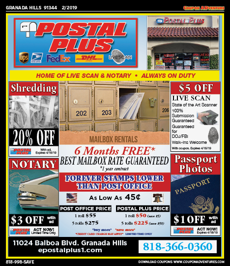 Postal Plus, Granada Hills, coupons, direct mail, discounts, marketing, Southern California