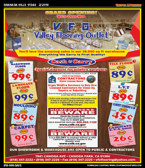 Valley Flooring Outlet, Granada Hills, coupons, direct mail, discounts, marketing, Southern California
