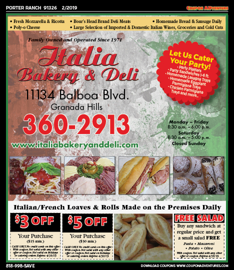 Italia Bakery & Deli, Porter Ranch, coupons, direct mail, discounts, marketing, Southern California