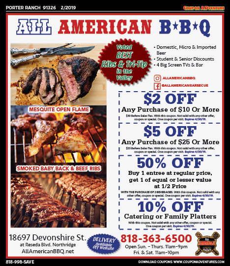 All American BBQ, Porter Ranch, coupons, direct mail, discounts, marketing, Southern California