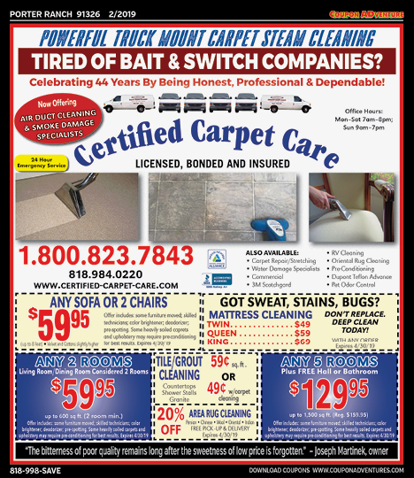 Certified Carpet Care, Porter Ranch, coupons, direct mail, discounts, marketing, Southern California