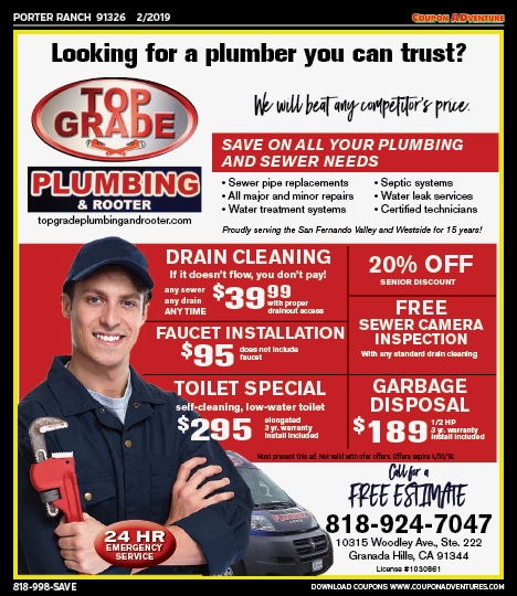 Top Grade Plumbing & Rooter, Porter Ranch, coupons, direct mail, discounts, marketing, Southern California