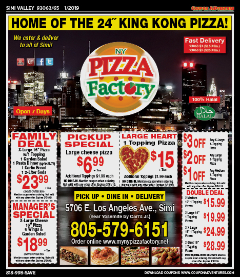 NY Pizza Factory, Simi Valley, coupons, direct mail, discounts, marketing, Southern California