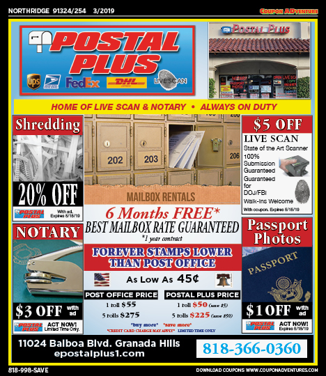 Postal Plus, Northridge, coupons, direct mail, discounts, marketing, Southern California