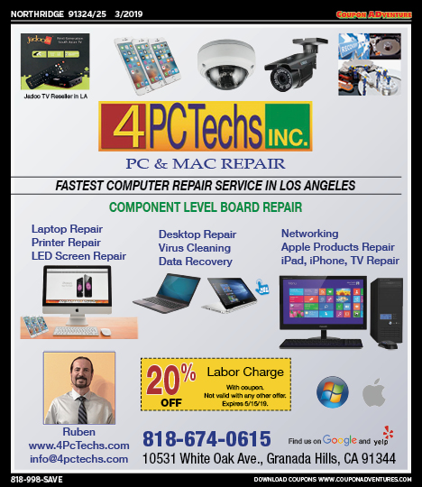 4 PC Techs, Northridge, coupons, direct mail, discounts, marketing, Southern California