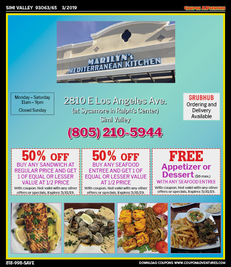 Marilyn's Mediterranean Kitchen, Simi Valley, coupons, direct mail, discounts, marketing, Southern California