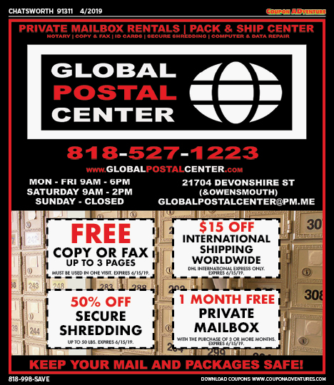 Global Postal Center, Chatsworth, coupons, direct mail, discounts, marketing, Southern California