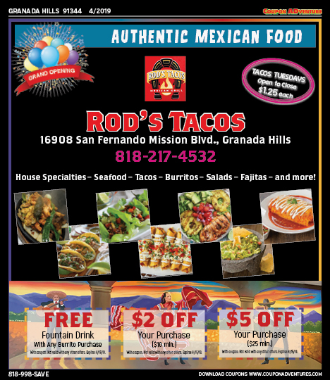 Rod's Tacos, Granada Hills, coupons, direct mail, discounts, marketing, Southern California