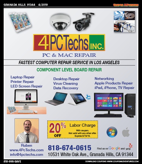 4 PC Techs Inc., Granada Hills, coupons, direct mail, discounts, marketing, Southern California