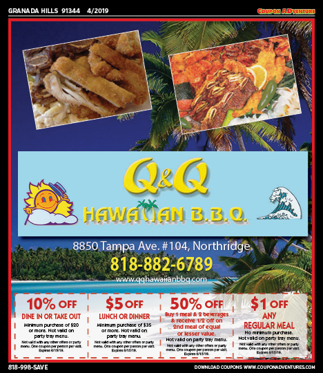 Q&Q Hawaiian BBQ, Granada Hills, coupons, direct mail, discounts, marketing, Southern California