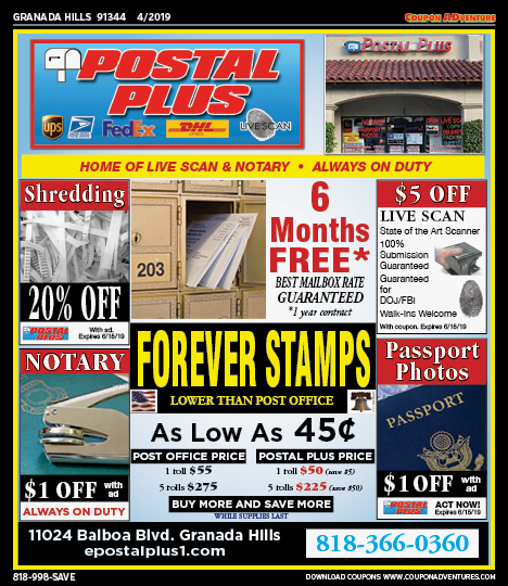 Postal Plus, Granada Hills, coupons, direct mail, discounts, marketing, Southern California