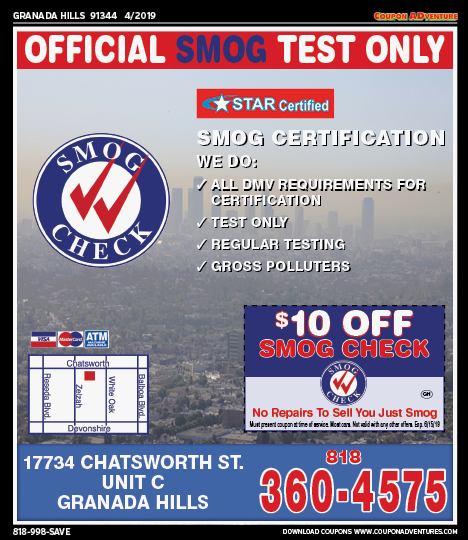Official Smog Test Only, Granada Hills, coupons, direct mail, discounts, marketing, Southern California
